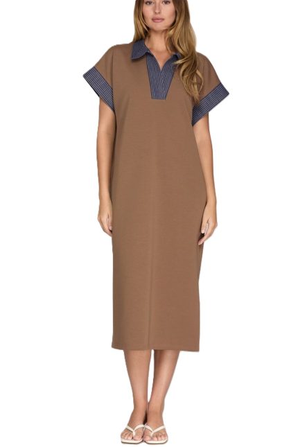 Contrast Collar With Stitch Knit Midi Dress