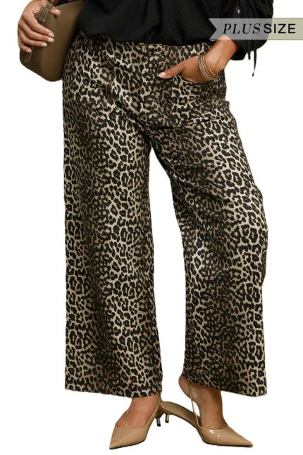 Plus Leopard Print Wide Leg Pants