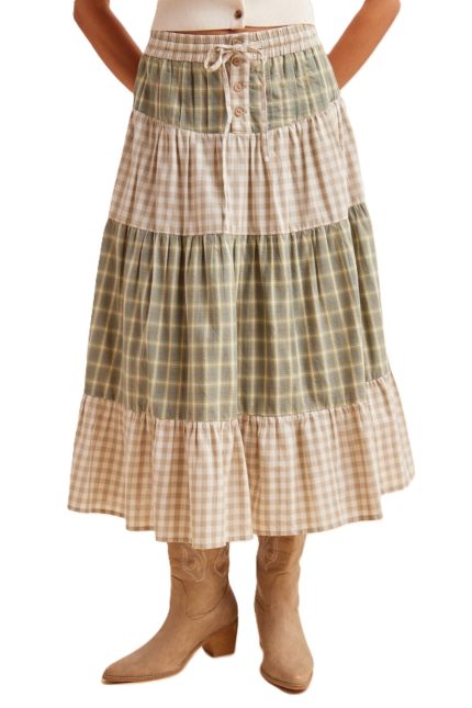 Button Up Multi Check Tiered Midi Skirt