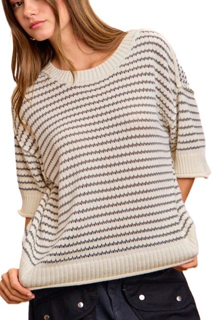 Stripes Short Sleeves Rib Banded Outseam Knit Top