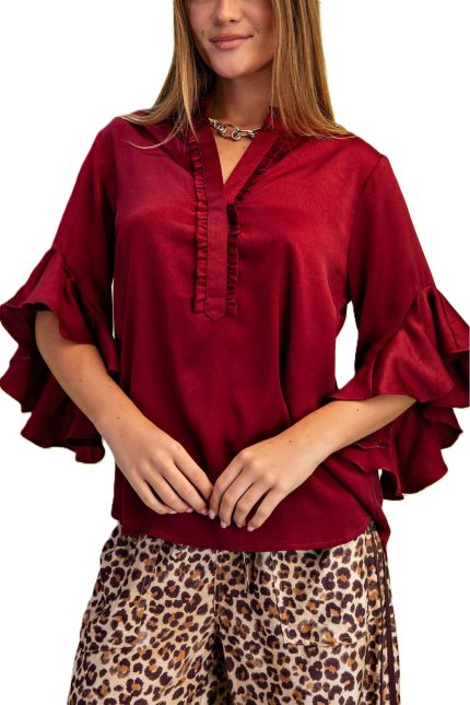 Satin Ruffled Bell Sleeve Top