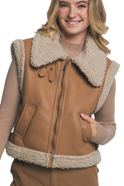 Faux Leather Shearling Belted Vest