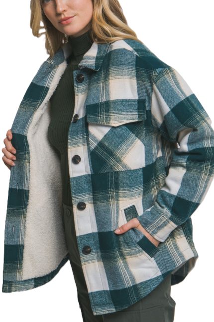 Plaid Button Up Jacket With Sherpa Lining