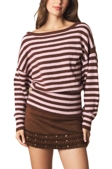 Boat Neck Waist-fitted Striped Sweater