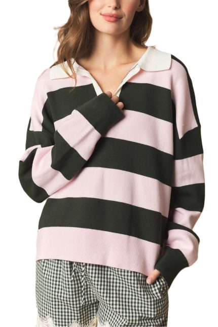 Striped Open Semi Placket Shirt Sweater