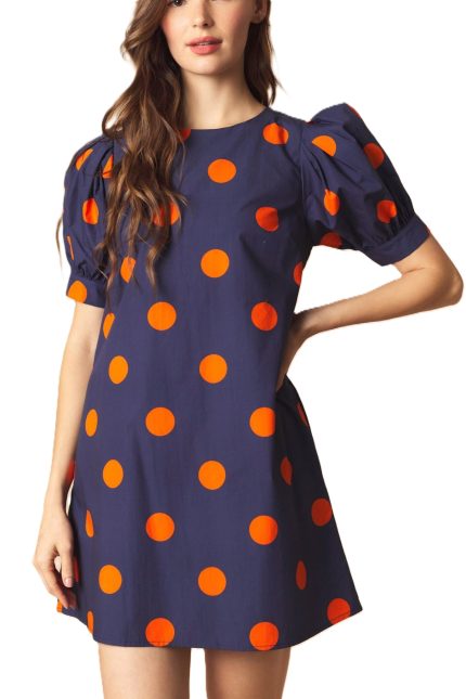 Puff Short Sleeve Polka Dot Printed Mini Dress