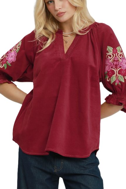 Embroidered Sleeve Corduroy Blouse