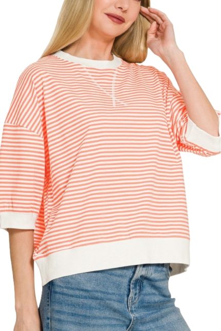 Striped Rib Banded Short Sleeve Pullover