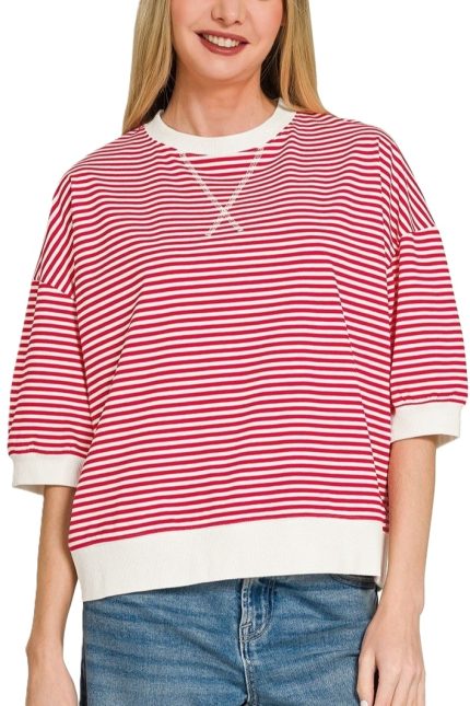 Plus Striped Rib Banded Short Sleeve Pullover