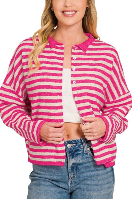 Striped Collared Button-down Sweater Cardigan