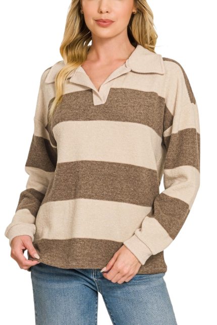 Brushed Striped Hacci Collared Sweater