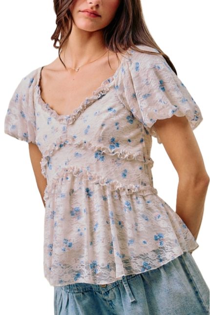 Floral Print Short Puff Sleeves Baby Doll Top