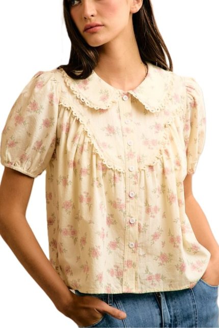 Floral Lace Trimmed Downshort Blouse Shirt Top