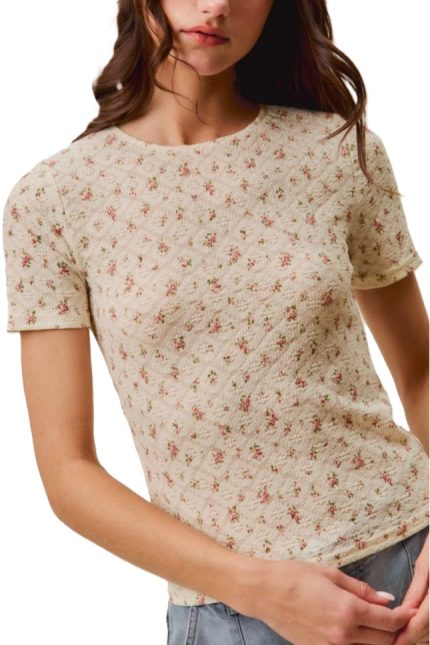 Floral Print Lace Short Sleeves Layering Knit Top