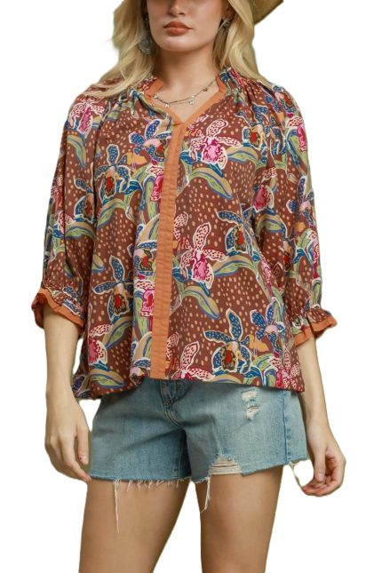 Mix Floral Print Contrast Trim Blouse