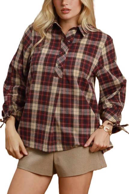 Mix Plaid Tie Sleeve Button-front Blouse