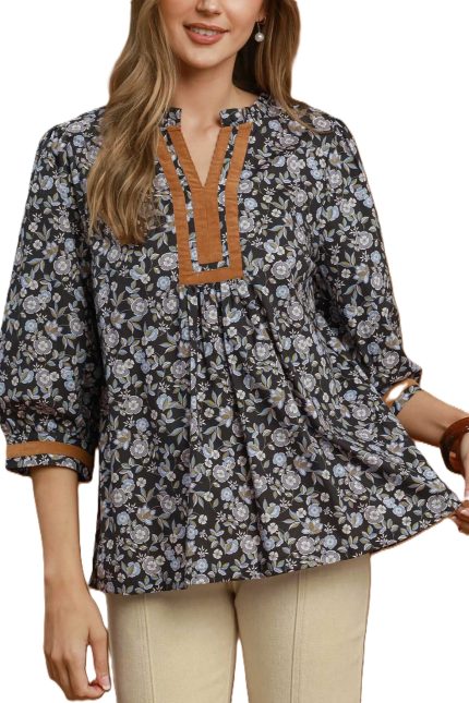 Floral Contrast Trim Peasant Blouse