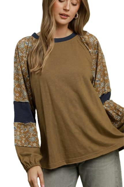 Floral Mixed Media Color Block Top