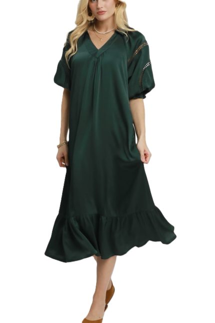 Satin Lace Sleeve Tie Waist Midi Dress