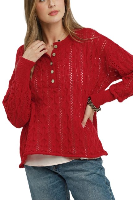 Pointelle Cable Knit Henley Sweater