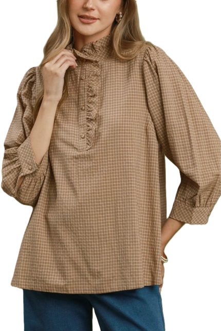 Check Ruffle Mock Neck Blouse