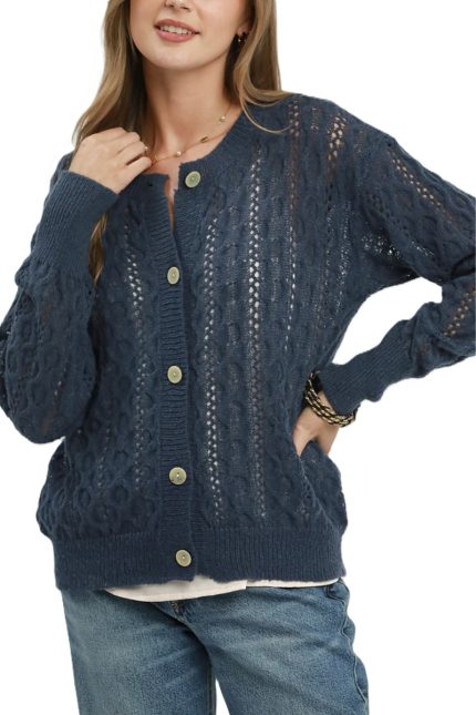 Pointelle Cable Knit Button-front Cardigan
