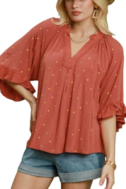 V-neck Solid Top With Dot Accents
