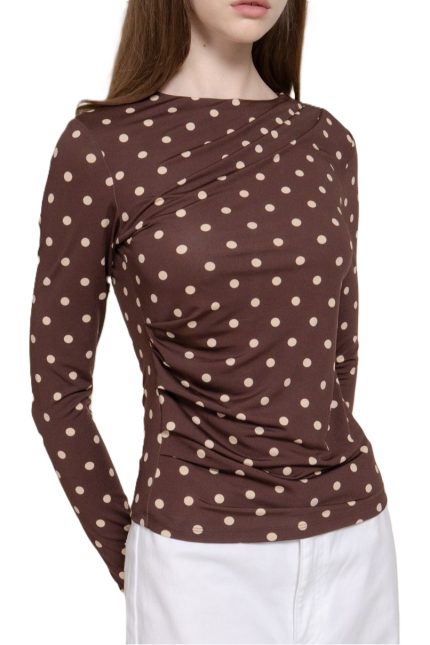 Long Slv Pleated Polka Dot Knit Top