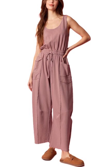 Washed French Terry Slvless Pocket Barrel Jumpsuit