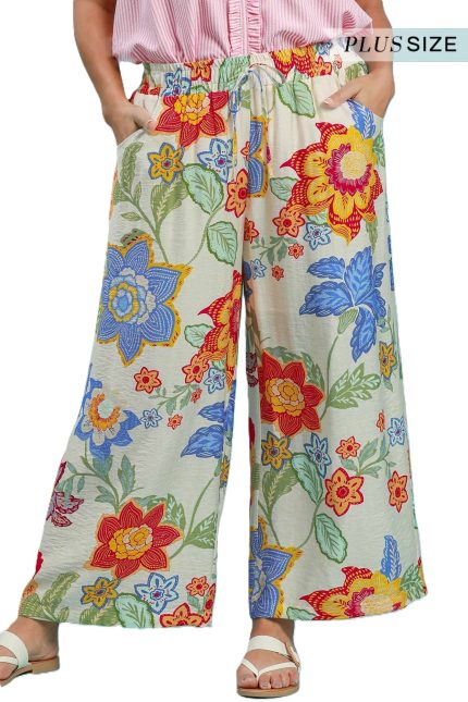 Plus Size Floral Print Wide Leg Crop Pants