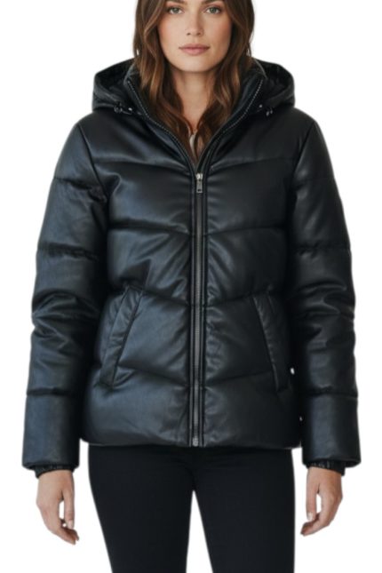 Pleather Puffy Jacket With Hood
