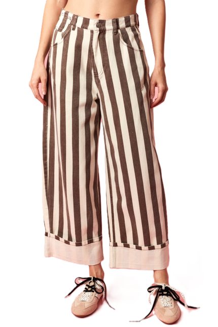Stripe Rolled Up Barrel Printed Jeans