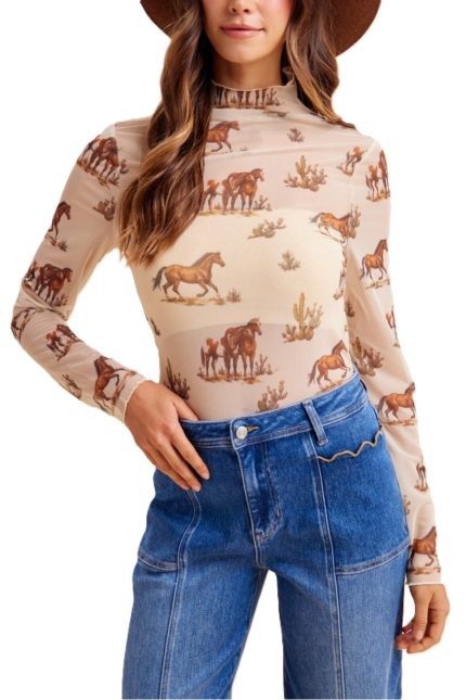 Horse Print Mock Neck Mesh Top