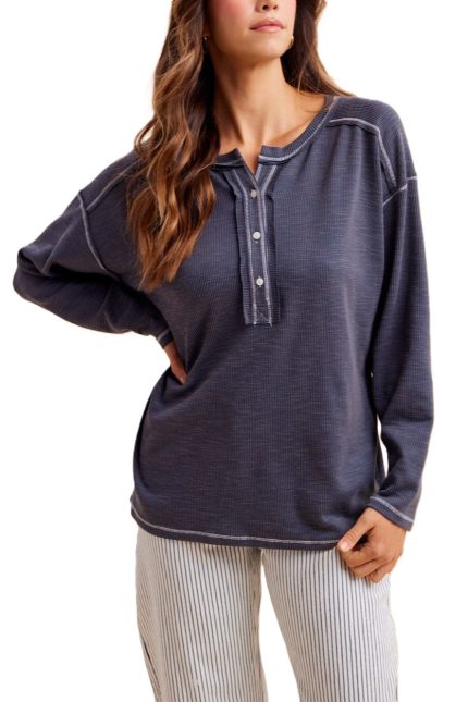 Washed Effect Rib Jersey Oversize Henley Tee