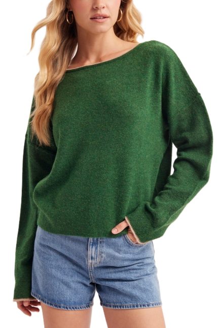 Boat Neck Rolled Trim Soft Heathered Knit Pullover
