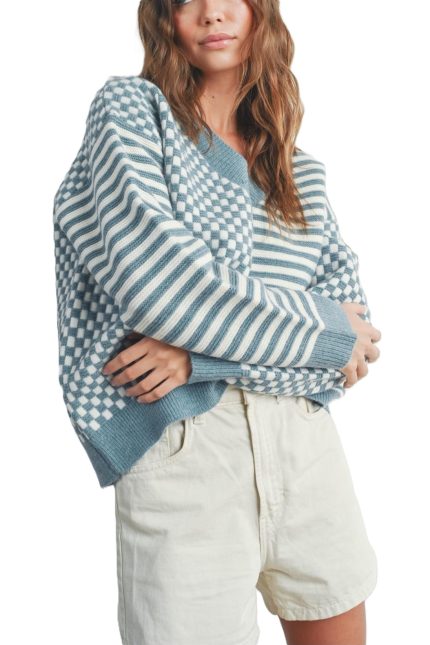 Frenchy Checker Pattern Drop Shoulder Sweater