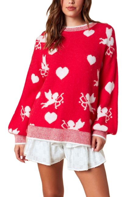 Cupid Heart 2-tone Rib Detail Knit Sweater