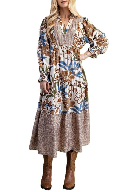 Mixed Print Tiered V-neck Midi Dress