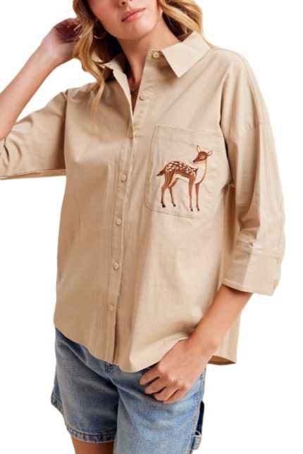 Baby Deer Embroidery Pocket Stretch Woven Shirt