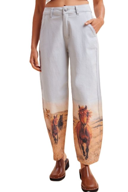 Comfort Stretch Horse Photo Printed Denim Tapered Pants