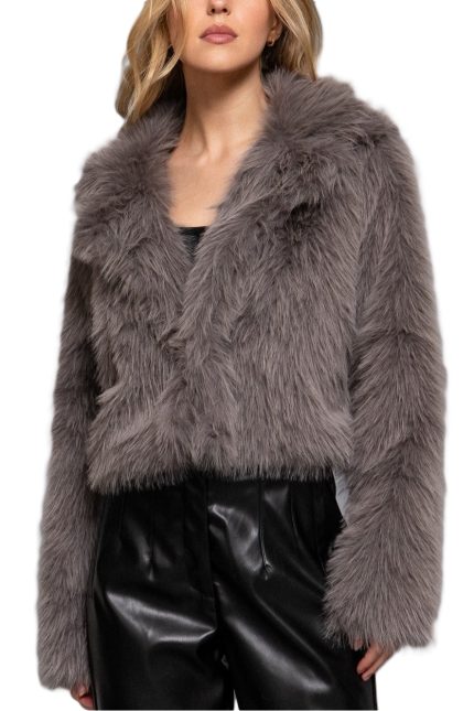 Long Slv Notched Collar Faux Fur Crop Jacket
