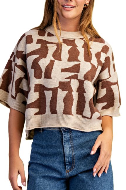 Short Sleeve Geometric Print Sweater