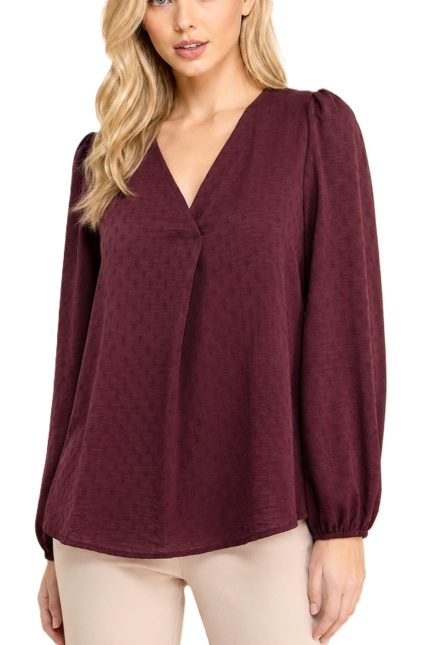 Textured V-neck Long Sleeve Relaxed Woven Everyday Blouse