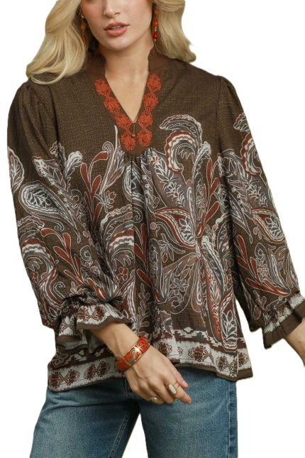 Paisley Border Print Boho Blouse