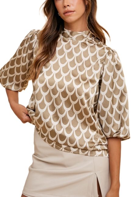 Abstract Print Mock Neck Tie Back Blouse