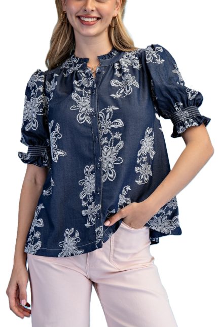 Textured Floral Print Chambray Button Down Top