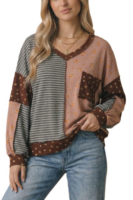 Floral French Terry Color Block Pullover