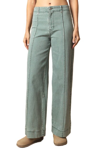 Stretchable Gingham Twill Pintuck Straight Pants