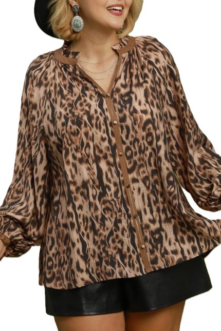 PLUS Animal Print Button Front Blouse