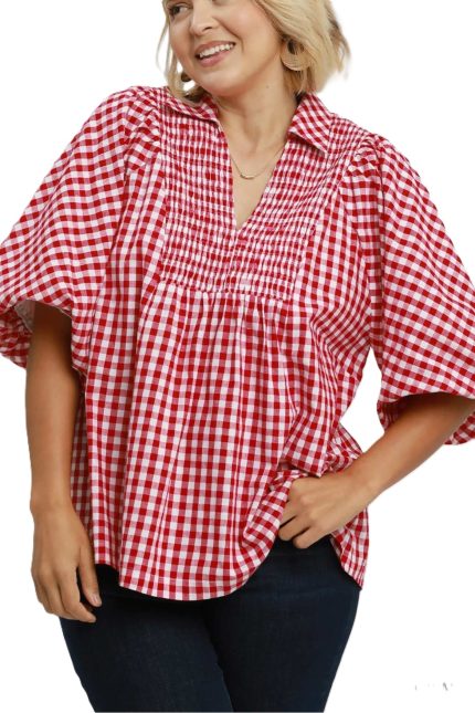 Gingham Smocked Yoke Puff Sleeve Blouse